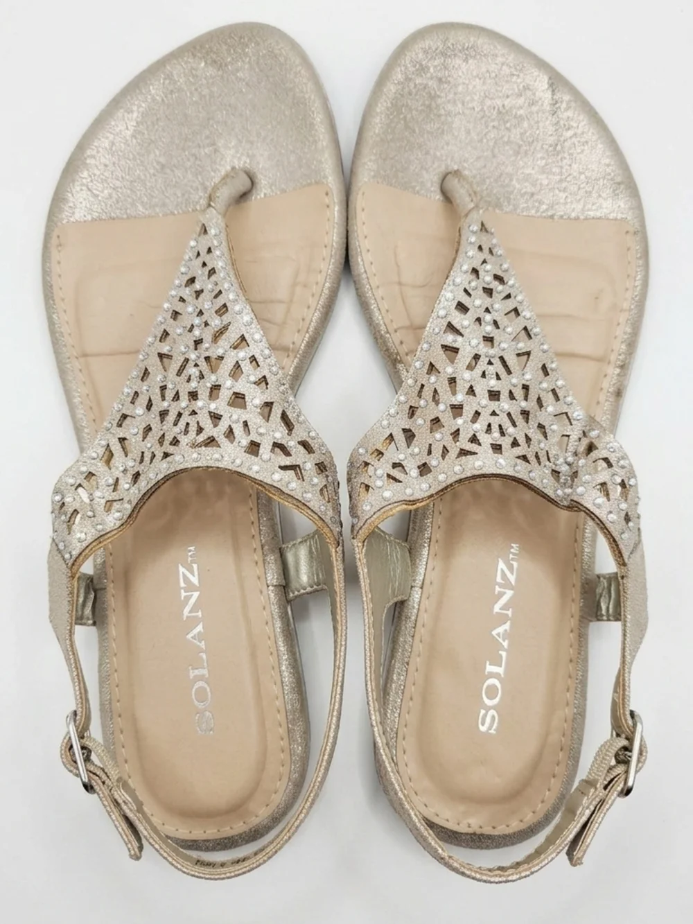 SOLANZ Champagne Gold Rhinestone Laser Cut Slingback Sandals - Size 7 - Picture 2 of 6